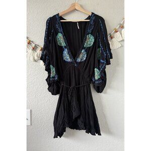 Free People Cora Floral Embroidered Flare Sleeve Mini Black Dress Boho Coquette